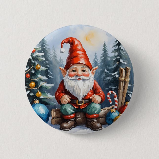 Cute Funny Cartoon Merry Christmas Gnome Button (Front)