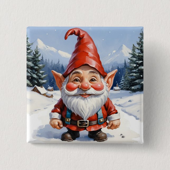 Cute Funny Cartoon Merry Christmas Gnome Button (Front)
