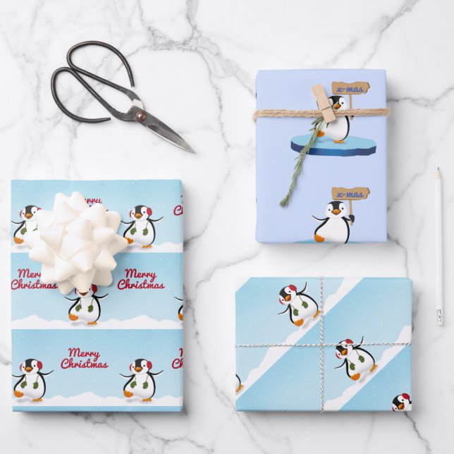 Cute Funny Cartoon Penguin Merry Christmas Wrapping Paper Sheets (Front)