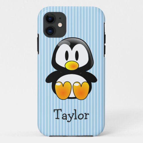 Cute Funny Cartoon Penguin Personal Blue Stripes iPhone 11 Case