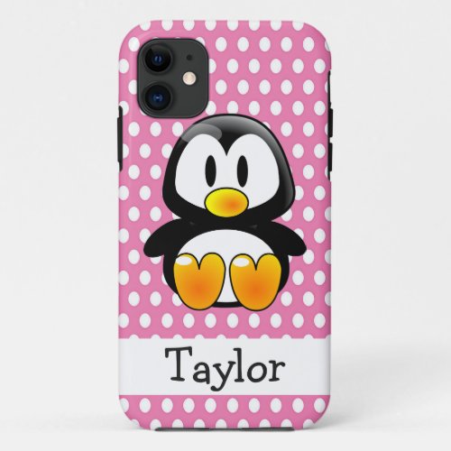Cute Funny Cartoon Penguin Personalized Pink iPhone 11 Case