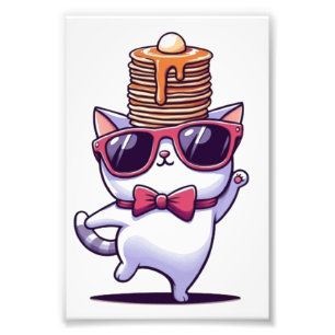 Cute funny cat balancing pancake stack photo print