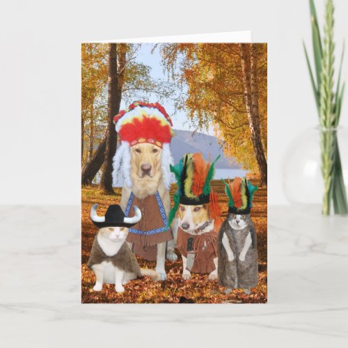 CuteFunny CatDog Indian Thanksgiving Holiday Card