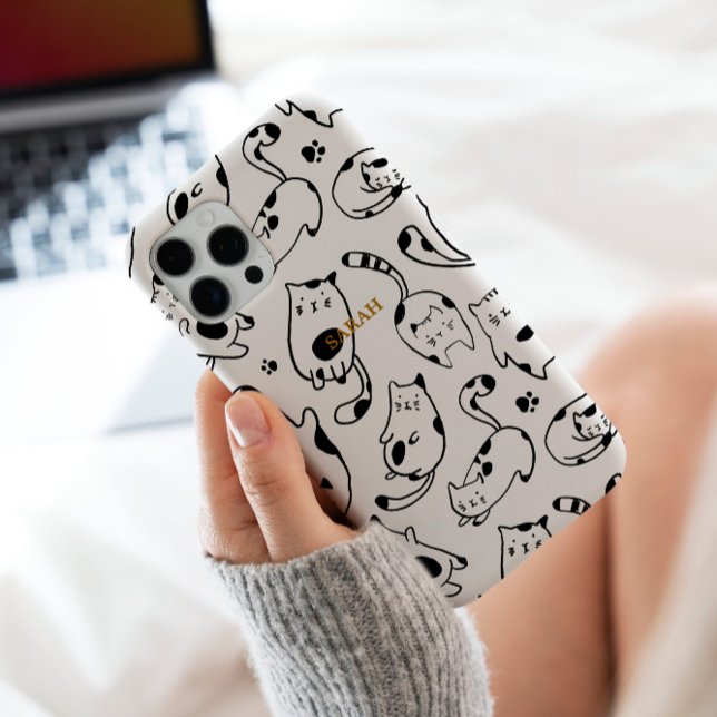 Cute Funny Cat Drawing Black White Motif Case-Mate iPhone Case (A cute art nail wrap design with black and white cat illustration pattern on custom phone case)