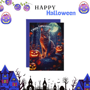 Cute Funny Cat Halloween Pumpkin Holiday Card