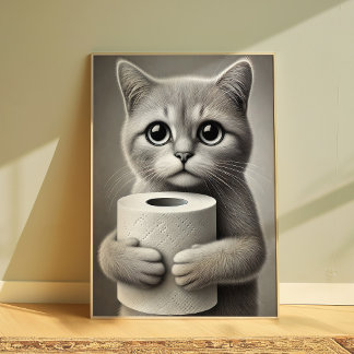 Cute Funny Cat Holding Toilet Paper Poster