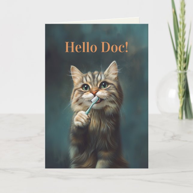 Cute Funny Cat Holding Toothbrush Folded Card (Front)