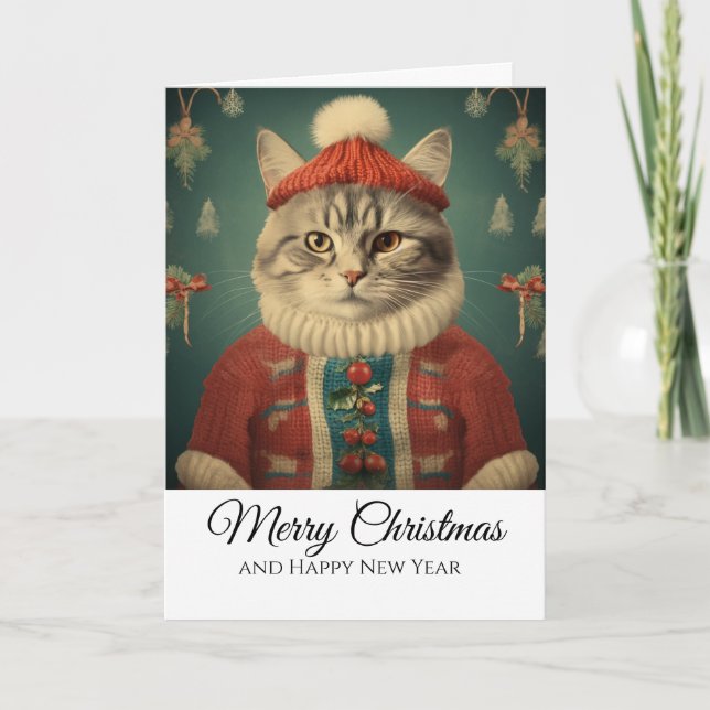 Cute Funny Cat in Costume Merry Christmas  Card (Front)
