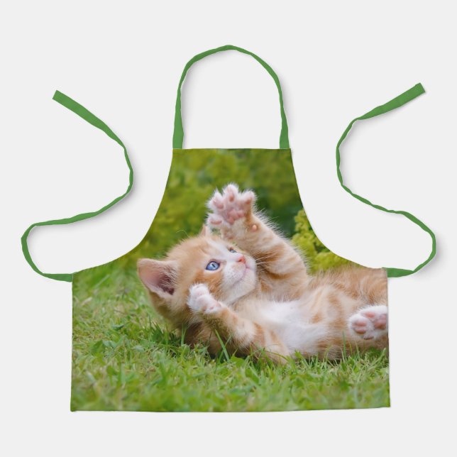 Cute funny cat kitten playing in a flowery garden apron (Front)