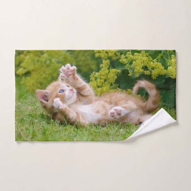 Cute funny cat kitten playing in a flowery garden bath towel set (Hand Towel)
