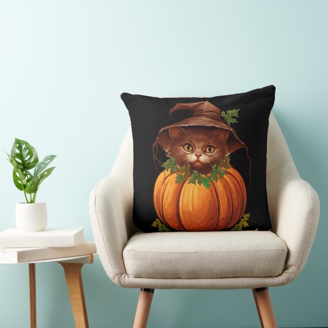 CUTE FUNNY CAT PUMPKIN THROW PILLOW (Chair)