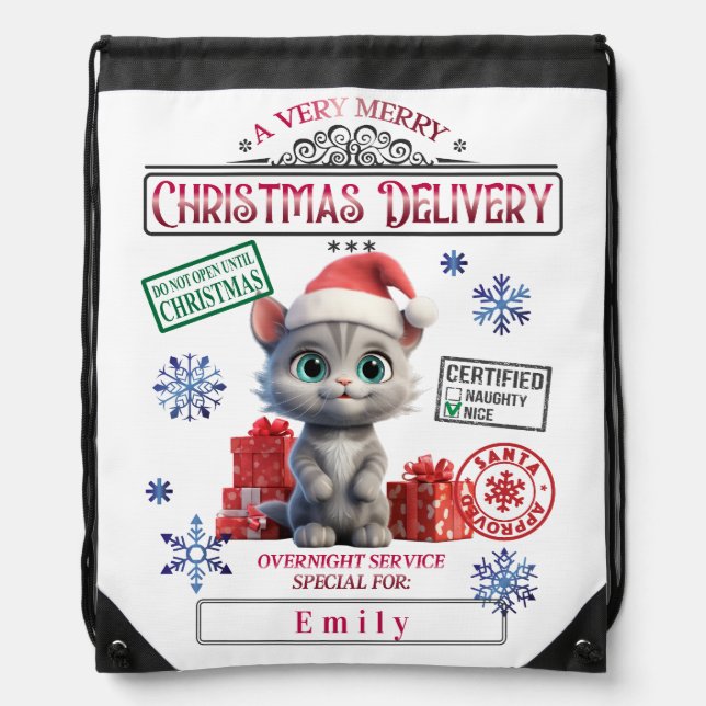 Cute funny cat Santa Sack Personalized Drawstring Bag (Front)