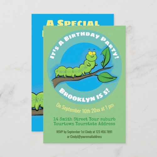 Cute funny caterpillar on a branch cartoon invitation