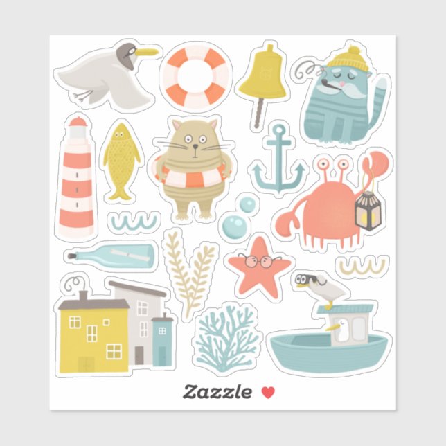 Cute funny cats, gull, crab. Nautical sea animals Sticker (Sheet)