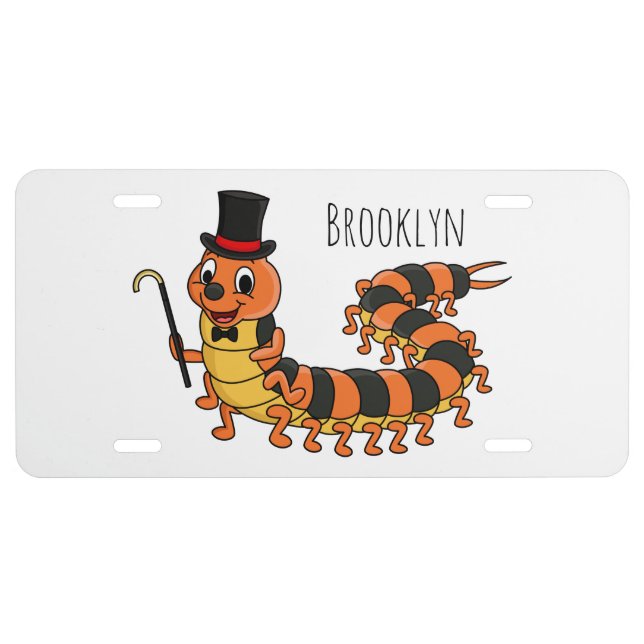 Cute funny centipede cartoon illustration license plate (Front)