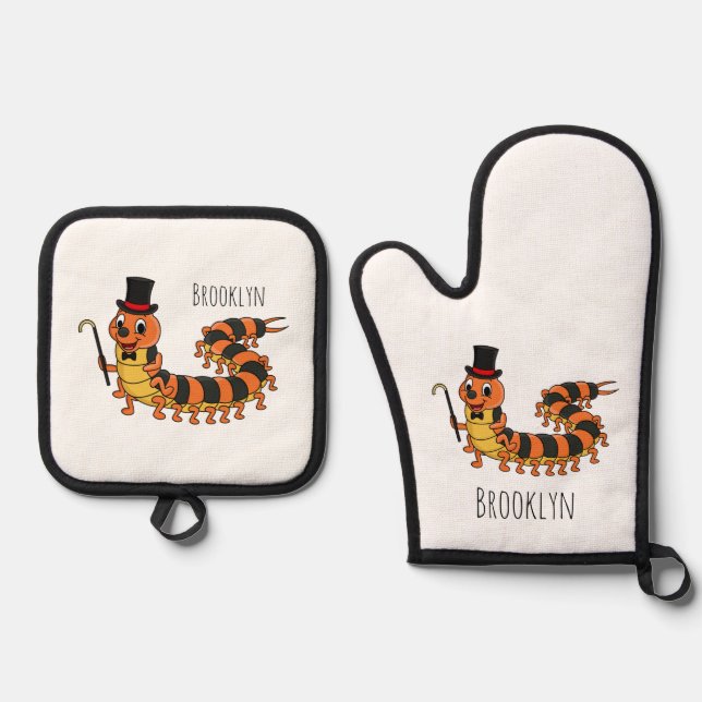 Cute funny centipede cartoon illustration oven mitt & pot holder set (Front)