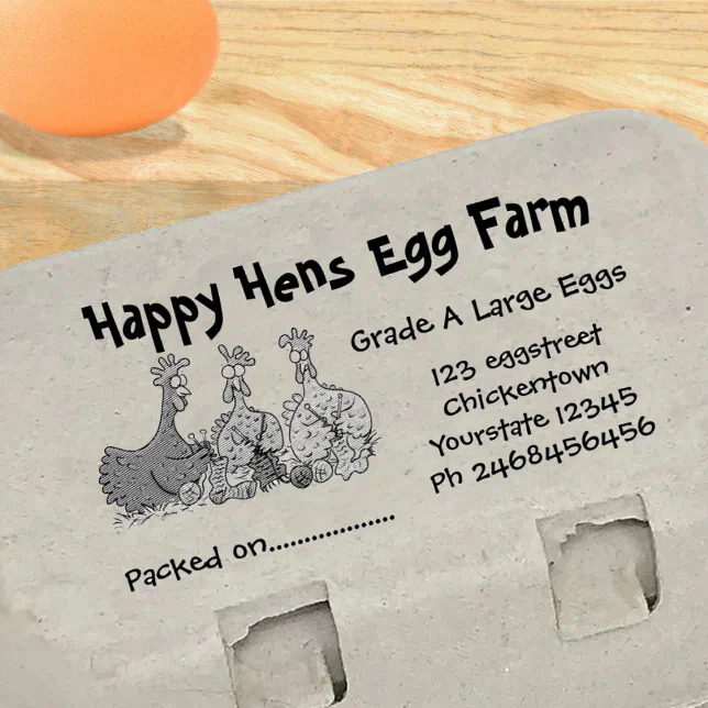 Cute funny chickens cartoon egg carton label rubber stamp | Zazzle