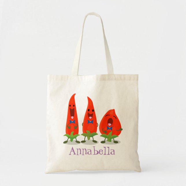 Cute funny chilli hot pepper trio cartoon tote bag (Front)