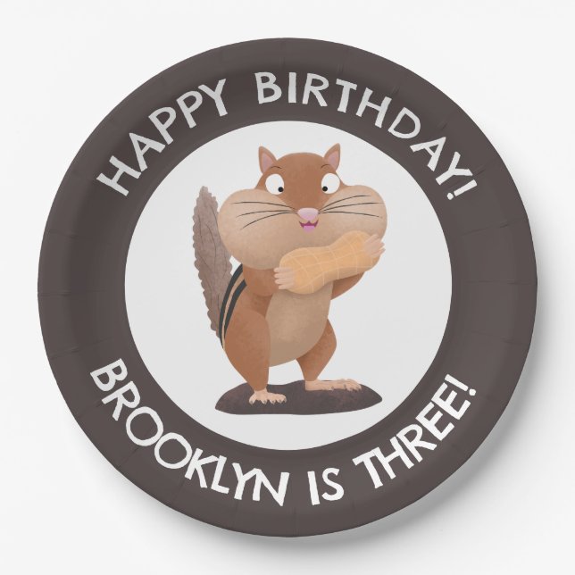 Cute funny chipmunk cartoon personalized birthday paper plates (Front)
