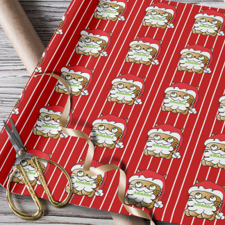 Cute Funny Christmas Cartoon Cat Personalized Red Wrapping Paper
