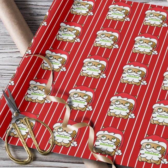 Cute Funny Christmas Cartoon Cat Personalized Red Wrapping Paper (Creator Uploaded)