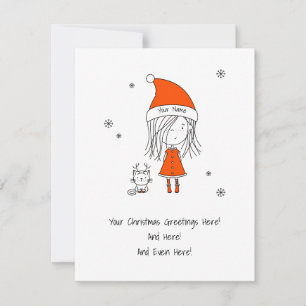 Cute Funny Christmas Cartoon Girl Cat  Holiday Card