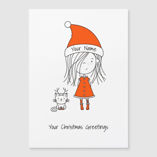 Cute Funny Christmas Cartoon Santa Girl Cat Red (Front)