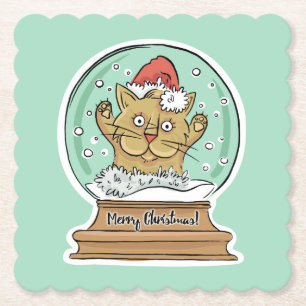 Cute Funny Christmas Cat paper coasters