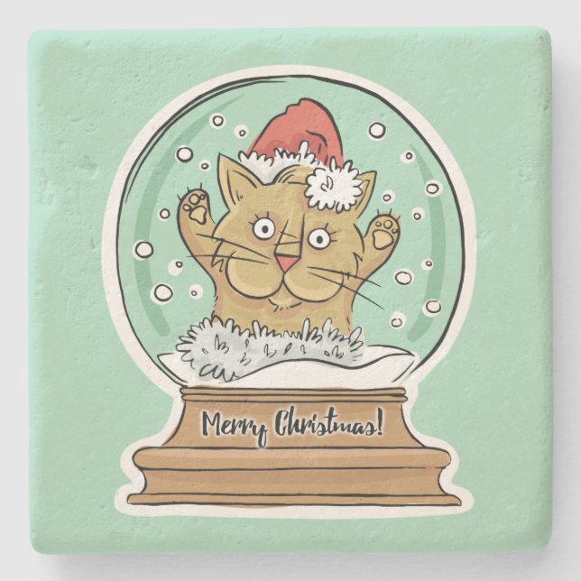 Cute Funny Christmas Cat stone coasters (Front)