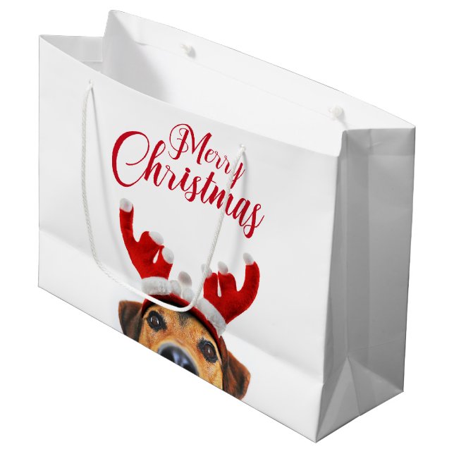 Cute Funny Christmas Dog Reindeer Antler Headband Large Gift Bag (Front Angled)
