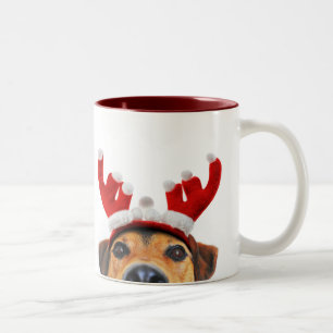 Cute Funny Christmas Dog Reindeer Antler Headband Two-Tone Coffee Mug