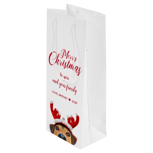 Cute Funny Christmas Dog Reindeer Antler Headband Wine Gift Bag (Front Angled)