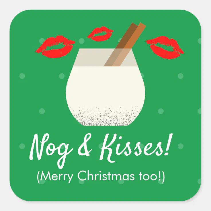 Cute Funny Christmas Eggnog Hugs & Kisses Square Sticker | Zazzle