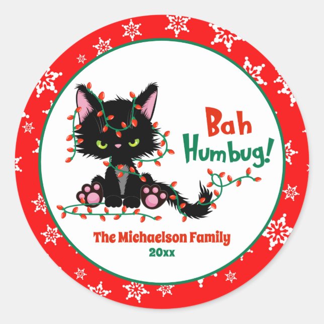 Cute Funny Christmas Grumpy Cat Classic Round Sticker (Front)