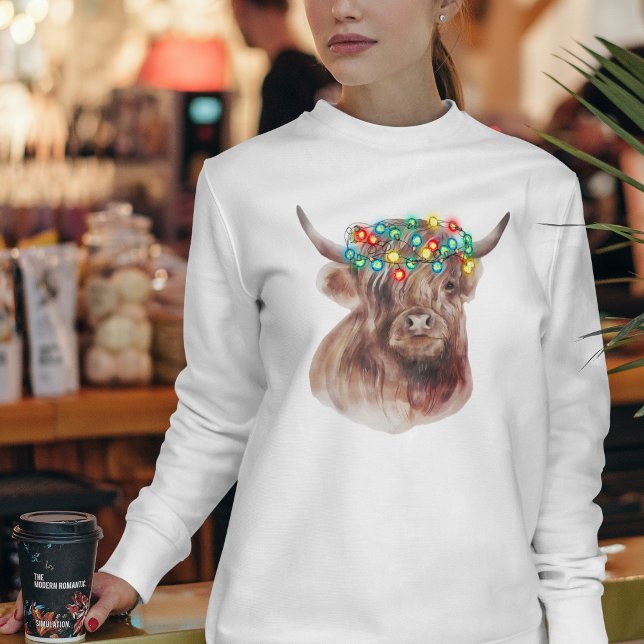 Cute Funny Christmas Highland Cow Neon Lights T-Shirt (Creator Uploaded)