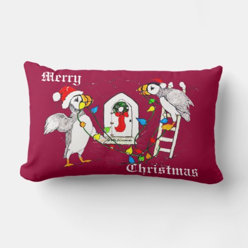 Cute Funny Christmas Hornbill Puffin Holiday Lumbar Pillow