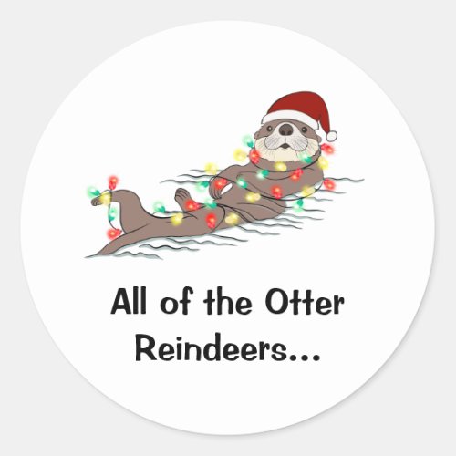 Cute Funny Christmas Lights Otter Reindeers  Classic Round Sticker