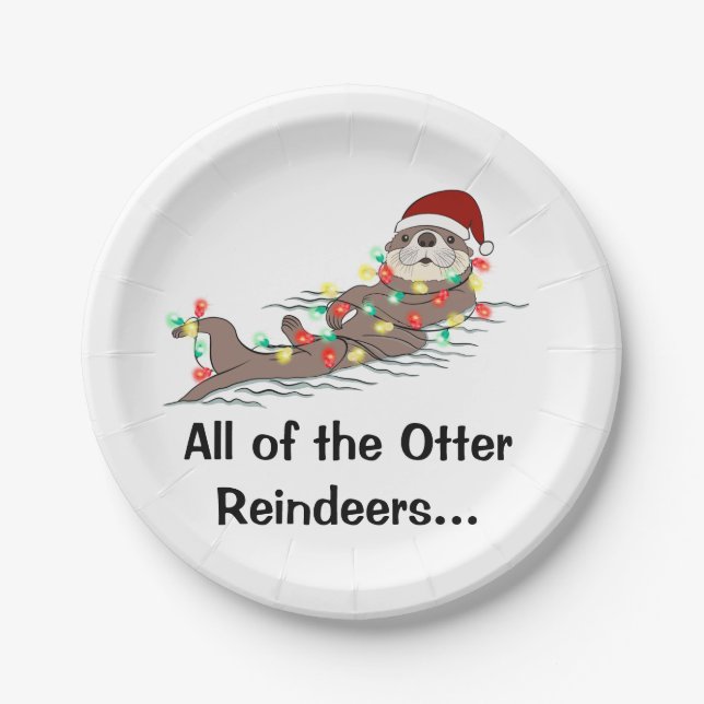 Cute Funny Christmas Lights Otter Reindeers   Paper Plates (Front)