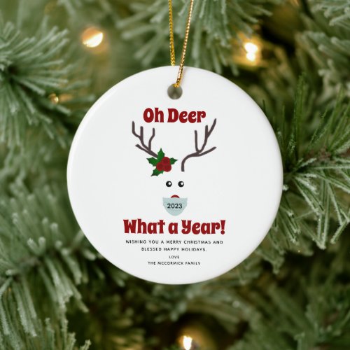 Cute Funny Christmas Reindeer 2023 Family Name Ceramic Ornament