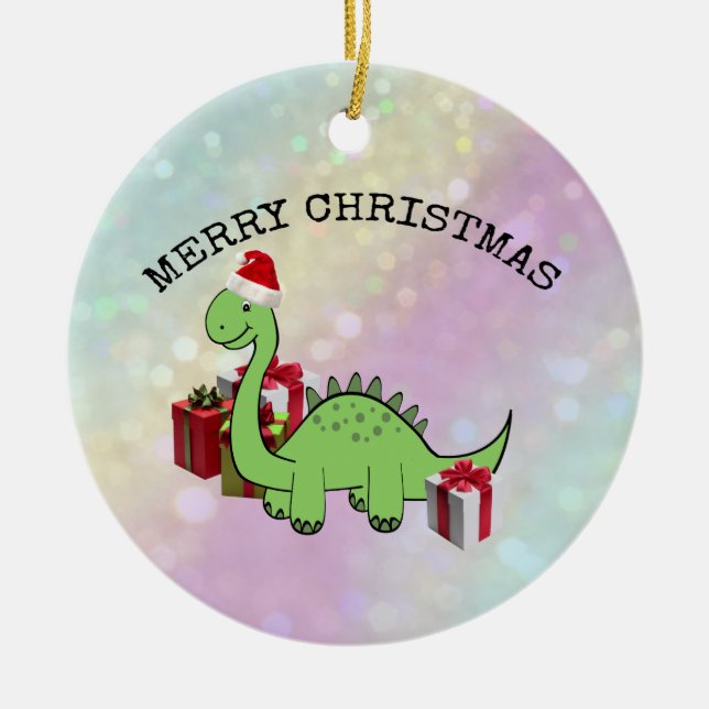 Cute funny  Christmas Santa dinosaur holographic Ceramic Ornament (Front)