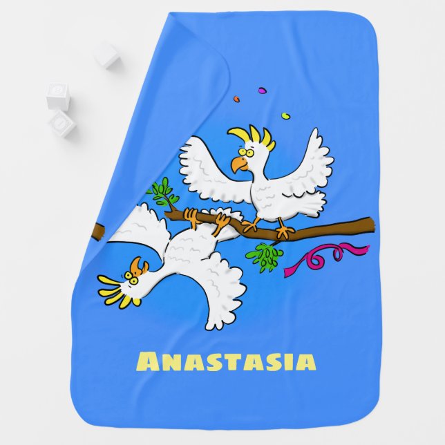 Cute funny cockatoo birds cartoon baby blanket (In Situ)