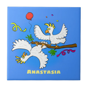 Cute funny cockatoo birds cartoon ceramic tile