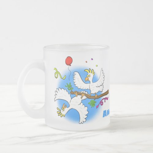Cute funny cockatoo birds cartoon frosted glass coffee mug