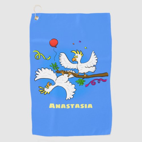 Cute funny cockatoo birds cartoon  golf towel