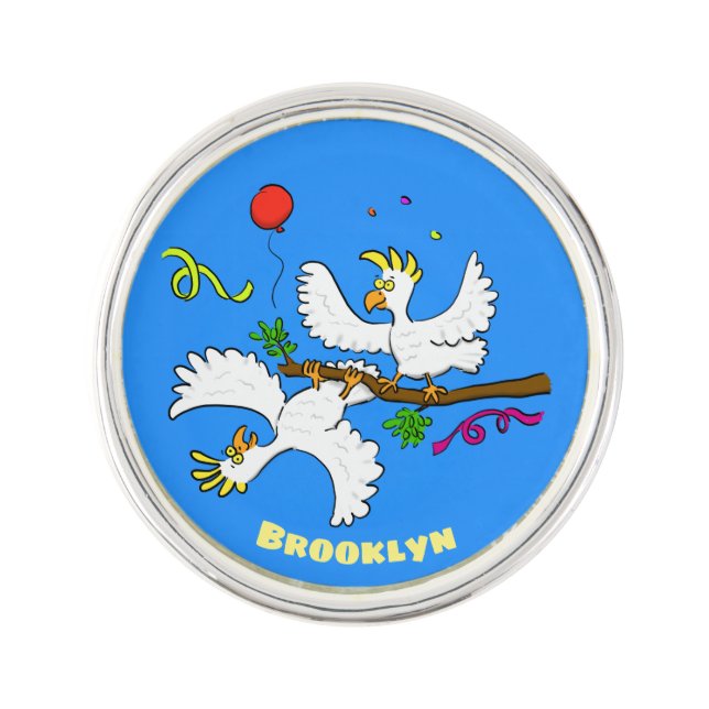 Cute funny cockatoo birds cartoon lapel pin (Front)