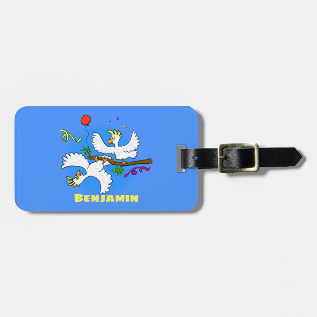 Cute funny cockatoo birds cartoon luggage tag (Front Horizontal)