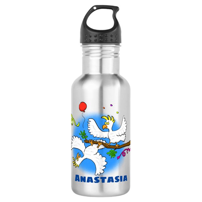 Cute funny cockatoo birds cartoon stainless steel water bottle (Front)