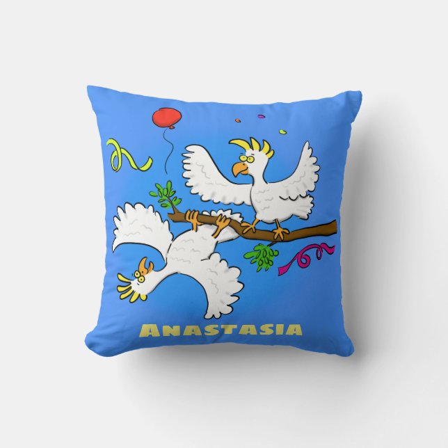 Cute funny cockatoo birds cartoon throw pillow (Front)
