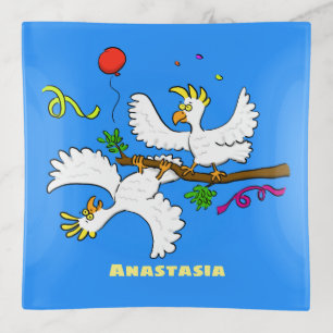 Cute funny cockatoo birds cartoon trinket tray
