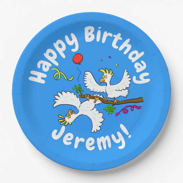 Cute funny cockatoo birds party cartoon paper plates (Front)